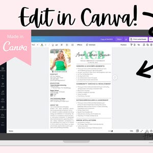 Pu&ograve; includere: Uno schermo di un laptop mostra un modello di curriculum con la scritta "Edit in Canva!". Il curriculum include una foto, i dettagli di contatto, l'istruzione e le sezioni di esperienza. Sono visibili anche le parole "Made in Canva".