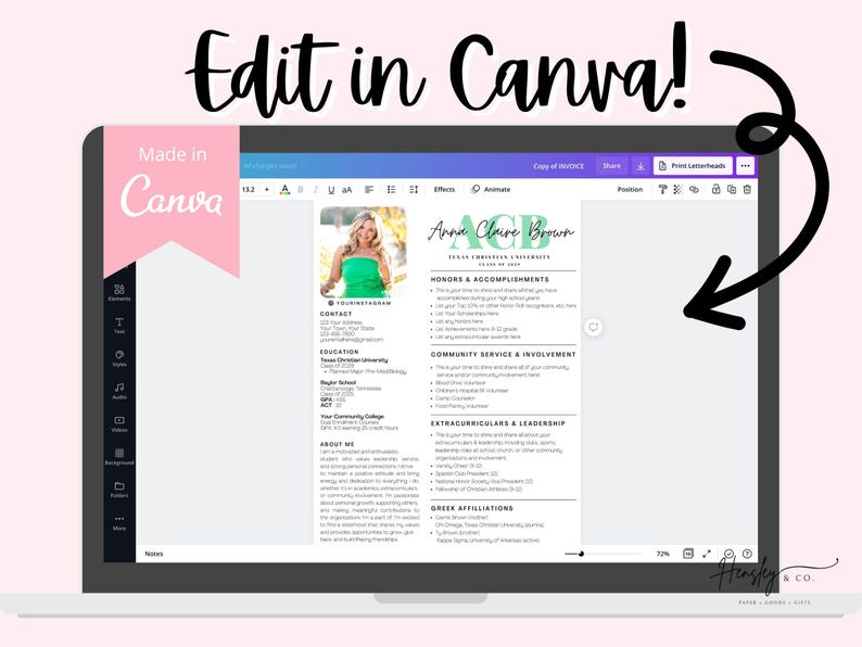 Pu&ograve; includere: Uno schermo di un laptop mostra un modello di curriculum con la scritta "Edit in Canva!". Il curriculum include una foto, i dettagli di contatto, l'istruzione e le sezioni di esperienza. Sono visibili anche le parole "Made in Canva".