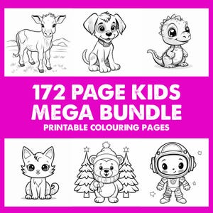 Puede incluir: Una colección digital de 172 páginas para colorear para niños con ilustraciones en blanco y negro de un ternero, un cachorro, un dragón, un gato, un oso con gorro de invierno y árboles, y un astronauta con traje espacial.