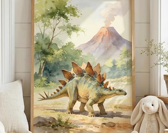 Kids Stegosaurus Dinosaur Poster Watercolour Volcano Prehistoric Print Toddler Room Decor Jurassic Boy Bedroom Wall Art Dino Lover Gift Idea
