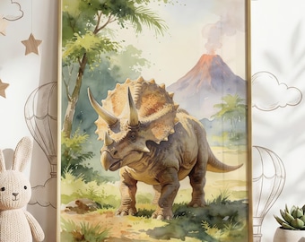 Kids Triceratops Dinosaur Print Boys Watercolour Poster For Childrens Nursery Prehistoric Volcano Theme Wall Art Playroom Birthday Gift Idea