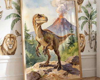 Kids Dinosaur Wall Art Print Watercolour Velociraptor Poster For Childrens Nursery or Prehistoric Volcano Theme Playroom Birthday Gift Idea