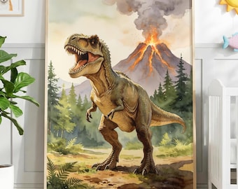 Trex Nursery Poster Watercolour Dinosaur Wall Art Gift for Dino Lover Kids Room Print Toddler Birthday Idea Prehistoric Theme Playroom Decor