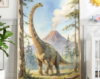 Kids Dinosaur Print For Childrens Bedroom Dino Lover Gift Idea Gender Neutral Watercolour Poster Prehistoric Volcano Theme Wall Art Nursery