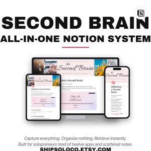 May include: A digital product advertisement for a "Second Brain" all-in-one Notion system. The image displays a laptop, tablet, and smartphone, each showcasing the product's interface. Text includes "Capture everything. Organize nothing. Retrieve instantly."