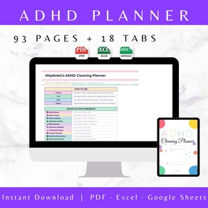 Könnte beinhalten: ADHS-Planer, dargestellt auf einem Computermonitor und Tablet. Der Planer umfasst 93 Seiten und 18 Registerkarten, verfügbar in PDF-, Excel- und Google Sheets-Formaten. Das Tablet zeigt das Cover des Planers mit bunten Kreisen.