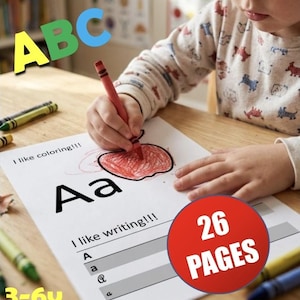Puede incluir: Un niño colorea una manzana roja en una hoja de trabajo con la letra "A". La hoja de trabajo tiene el texto "I like coloring!!!" y "I like writing!!!". La imagen también incluye "ABC", "26 PAGES" y "3-6y".