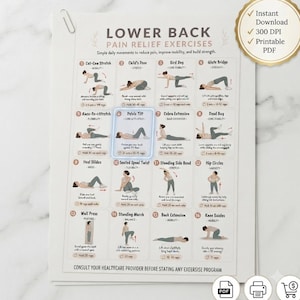 Póster con ejercicios para aliviar el dolor lumbar / Guía de estiramientos para la ciática (PDF imprimible)