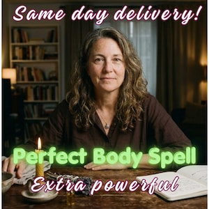 May include: A person with long wavy hair wearing a brown shirt sits at a wooden table. On the table are a lit yellow candle, a bundle of dried herbs, and an open notebook. Text on the image reads: Same day delivery! Perfect Body Spell Extra powerful.