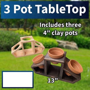 May include: Wooden 3 Pot TableTop with three 4-inch clay pots. The tabletop is available in two styles, one with a natural wood finish and the other with a dark brown stain. The tabletop is 13 inches long.