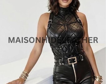 Black Sheepskin Leather Jumpsuit – Quilted Moto Style, Sleeveless Fitted Bodysuit, Front Zip Belted Leather Outfit.