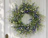 24 Inch Spring Pink Wildflower Wreath, Lavender Greenery Front Door Decor, Large Summer Farmhouse Floral Wreath for Home Decoration