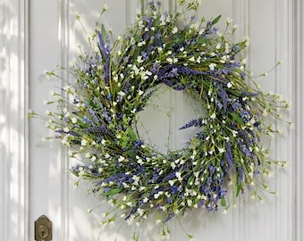 24 Inch Spring Pink Wildflower Wreath, Lavender Greenery Front Door Decor, Large Summer Farmhouse Floral Wreath for Home Decoration