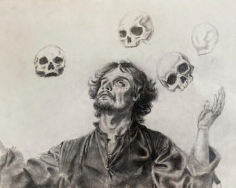 Vanitas Reverie: Charcoal Drawing, Man Juggling Skulls, Memento Mori Art, 11x14 Inches