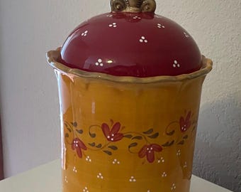 Vintage 2003 Demdaco Bienvenue French Country or CottageCore Hand Painted Large Canister With Lid