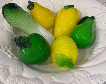 Vintage Lot of 6 Hand Blown Murano Style Glass Fruit and Vegetables
