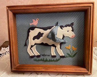 Framed Embroidered Cow Applique Art: Country Farmhouse Style, Valorie Sockwell (9”x8”)
