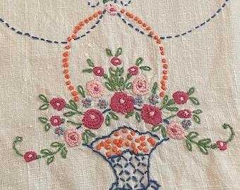 Sweet Cottagecore Vintage Floral Table Runner - Handmade Embroidered with Flowers & Baskets and Crocheted Edge. 39”x14”
