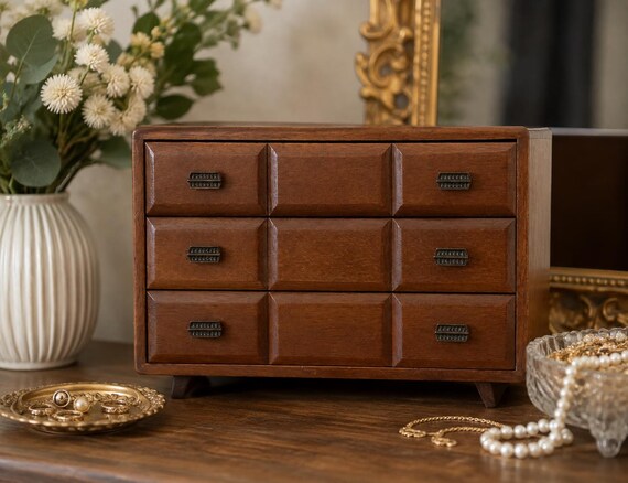Vintage Mid Century Modern Wooden Jewelry Box Chest | 6 Drawer Jewelry Organizer | Walnut Finish