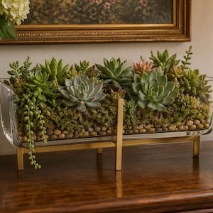 Versatile Vintage Rectangular Glass Planter, Candle Holder With Brass Tone Stand