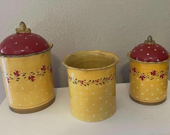 Vintage 2003 Demdaco Bienvenue French Country or Cottage Core Three-Piece set of 2 Canisters and 1 Utensil Holder