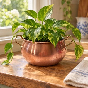 May include: A vibrant pothos plant with variegated green and yellow heart-shaped leaves is potted in a round, polished copper bowl featuring two curved brass handles on opposite sides, creating a reflective metallic finish.