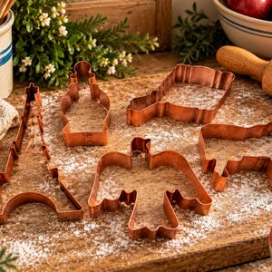 May include: A set of four copper cookie cutters in various shapes, including the Eiffel Tower, a lantern, an eagle with spread wings, and a cow. The metallic cutters are arranged on a wooden surface dusted with white flour for baking.
