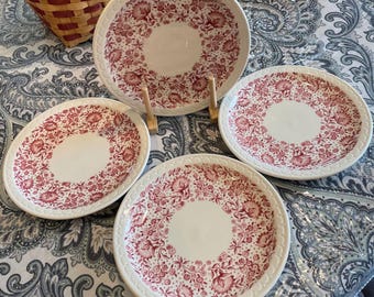 Lot of 4 Vintage Syracuse China Roxbury Red Transferware, Restaurant Ware 9" Lunch Plates