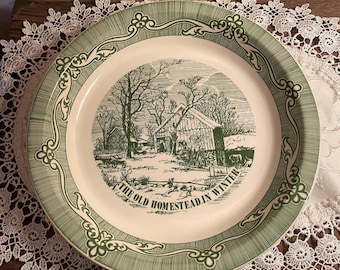 Vintage 1960s Currier Ives Old Homestead Winter Green Transferware Pie Plate 10"