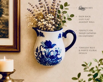 Cracker Barrel Vintage Blue and White Floral Wall Pocket Vase