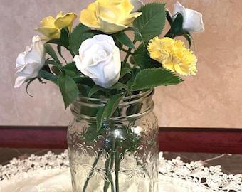 Vintage Porcelain Roses Lot, Yellow White Flowers, Bendable Stems, MCM Decor