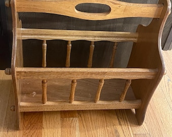 Vintage Wood Magazine Rack, Spindled Book Caddy, Craft Storage Bin, Country