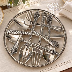 May include: A circular silver-toned metal trivet featuring a decorative border of small beads. The center is designed with an intricate arrangement of overlapping silverware, including forks, spoons, and a knife, all with detailed embossed handles.