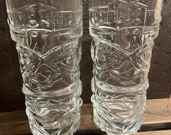 Set of 2 Vintage Heavy Clear Glass Tiki Tumblers Hawaiian Design Both Sides.