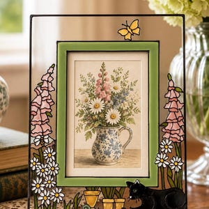 Hand-Painted Stained Glass Picture Frame | Black Cat, Wildflowers, Cottagecore Decor (5x3.5")