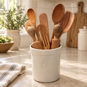 May include: A white ceramic utensil crock filled with various wooden kitchen tools, including spoons, a slotted turner, and two pestle-like implements with rounded tops, all arranged upright in a collection.