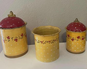 Vintage 2003 Demdaco Bienvenue French Country or Cottage Core Three-Piece set of 2 Canisters and 1 Utensil Holder