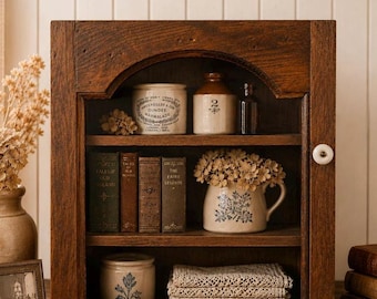 Dark Walnut Wood Display Cabinet, Cottage Farmhouse Style, Glass Door Cupboard