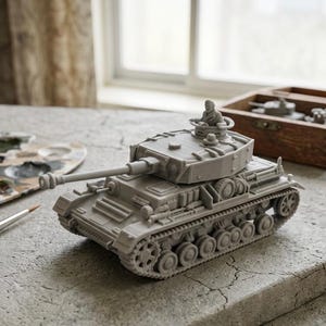 May include: A gray model tank with a long barrel and detailed tracks. A small figure is visible in the turret. The tank is on a textured surface, with a paint palette and brush in the background. A wooden box with other model tanks is also visible.