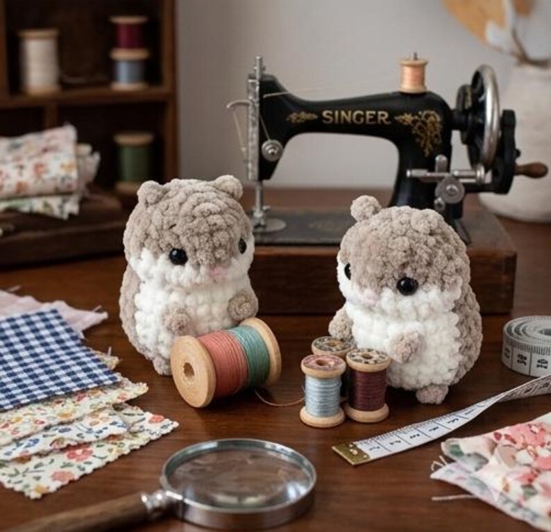 May include: Two plush, crocheted hamster figures with soft, light brown and white yarn textures, black bead eyes, and pink noses. They are positioned near wooden spools of colored thread, a magnifying glass, and a vintage Singer sewing machine.