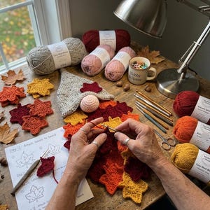 Op de afbeelding: Een haakproject met een kabouter met een gespikkelde grijze muts en een roze neus, omringd door gehaakte herfstbladeren in rood, oranje en geel. Garenbollen, een mok, haaknaalden en een instructieblad liggen op de tafel.