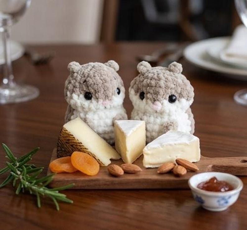 May include: Two crocheted hamster figurines with beige and white yarn, black bead eyes, and pink noses. They are positioned on a wooden serving board alongside wedges of cheese, dried apricots, almonds, a sprig of rosemary, and a small bowl of jam.