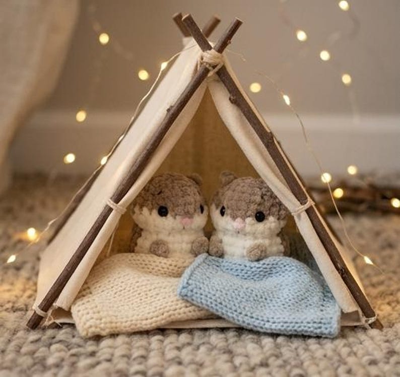 May include: A miniature teepee constructed from wooden sticks and off-white fabric, housing two small, crocheted hamster figures. The hamsters are positioned side-by-side, each tucked under a small knitted blanket, one in cream and one in light blue.