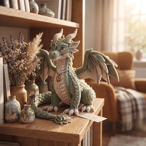 Op de afbeelding: Een gehaakte drakenknuffel in saliegroen en crème met ingewikkelde kabelbreipatronen, grote vleugels en een kleine barnsteenkleurige hangerketting. De draak heeft een lange, getextureerde staart en een papieren label aan de voorpoot bevestigd.