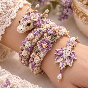 May include: A coiled dragon bracelet crafted from cream and lavender crochet thread, featuring intricate floral embellishments, small white pearls, and gold-toned accents. The dragon head is detailed with dark eyes and delicate thread horns, ending in a leaf-shaped charm.