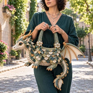 May include: A crochet handbag shaped like a dragon with layered scales in shades of sage green, cream, and gold. The bag features a long tail, detailed wings, and floral accents at the base of the braided handles, crafted with intricate yarn work.