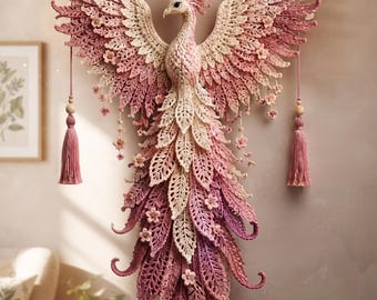 Op de afbeelding: Een grote, gedetailleerde gehaakte wandhanger die een feniks met gespreide vleugels voorstelt. Het werk heeft een kleurverloop van crème, zachtroze en donkerpaars garen, versierd met kleine bloemdetails, houten kralen en twee lange roze kwastjes.