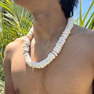 Peut inclure: Un collier de coquillages blancs avec un design incurvé. Le collier est composé de nombreuses petites coquilles blanches plates enfilées ensemble. Le fond présente un feuillage vert et un ciel bleu.