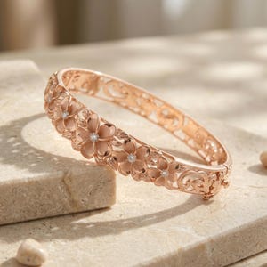 Hawaiian Rose Gold Plated Sterling Silver Plumeria Flower Lei Hand Crafted Bangle Jewelry