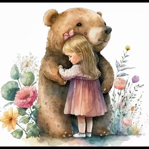 May include: A watercolor illustration of a brown bear hugging a little girl wearing a pink dress. The bear and girl are surrounded by a field of pink and yellow flowers.